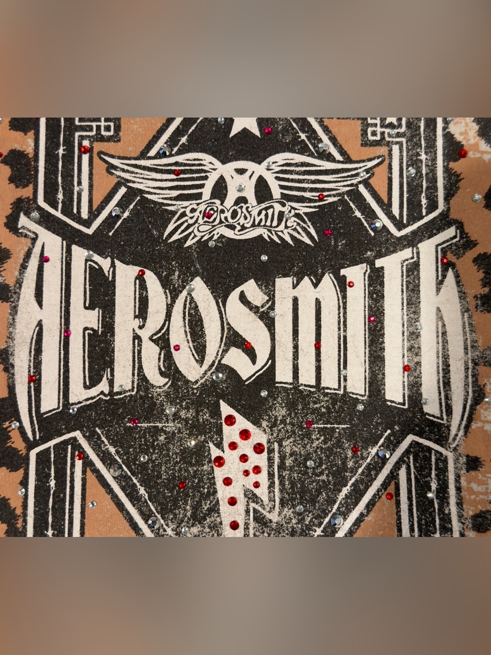 Aerosmith Graphic Tee — Black & Tan with Red & Clear Rhinestones. Size L